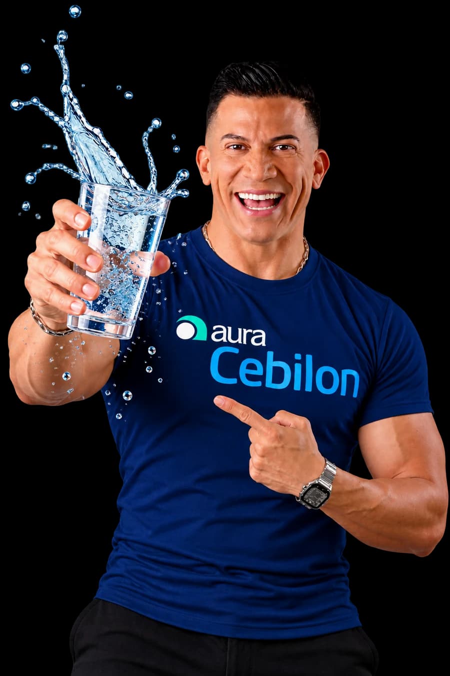 Nuestro asesor con un vaso de agua recién filtrada